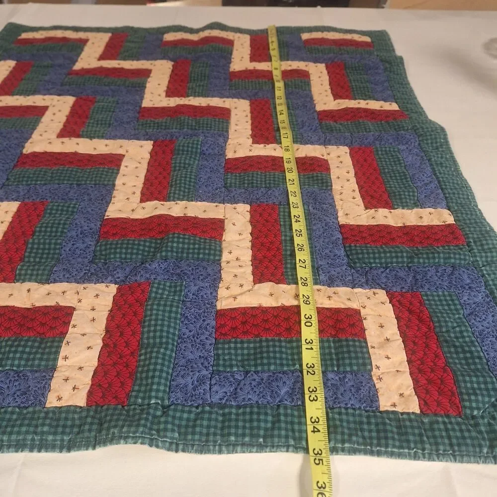 Handmade Quilted Patchwork Rail Fence Baby Blanket Red Blue Crib Throw 31 X 35